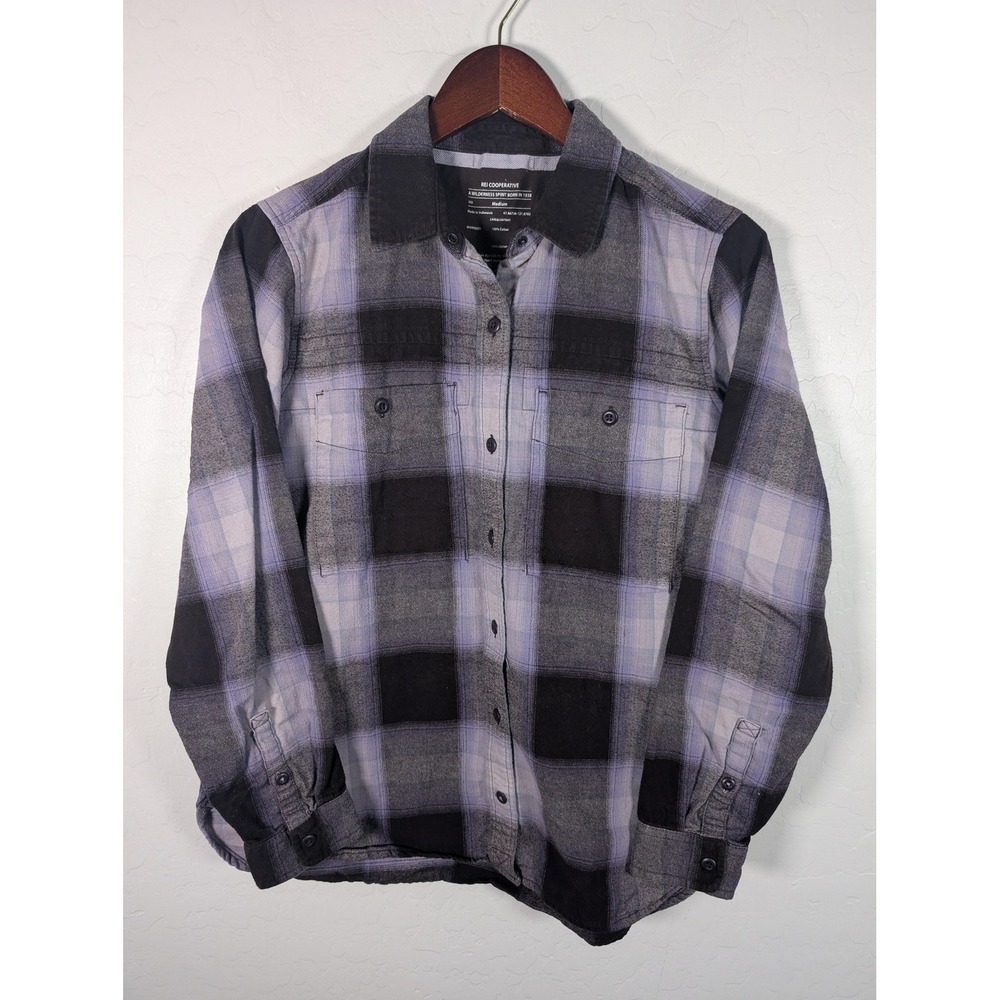 REI Co-op Shirt Women Medium Gray Black Purple Plaid Flannel Button Down Outdoor